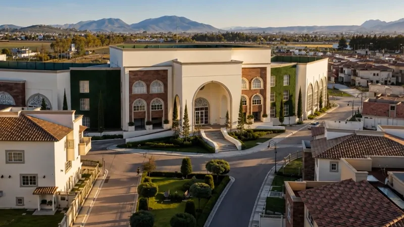 Vista aérea de Portofino Royal Country Club al atardecer: la Casa Club rodeada de residencias ya construidas y habitadas, con el valle de Toluca al fondo